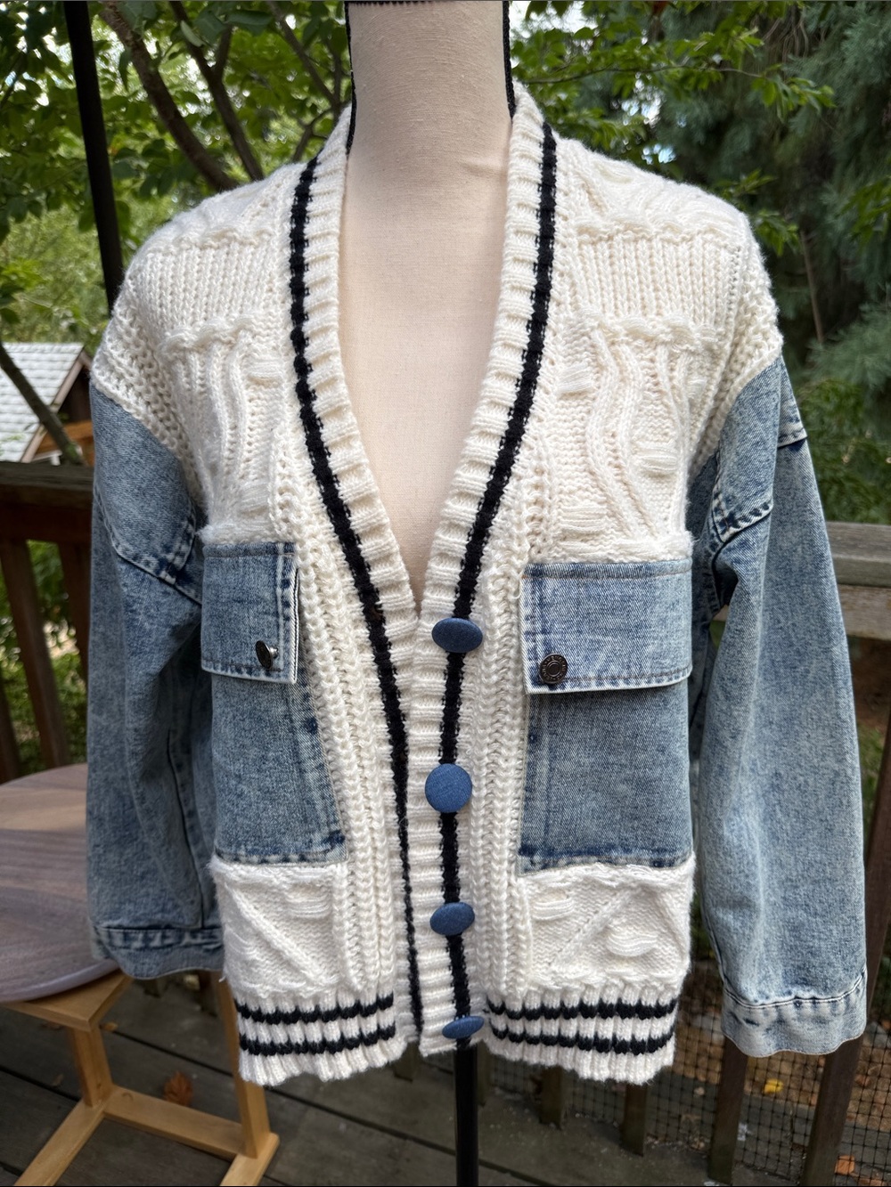Cream Cable-Knit & Denim Patch Women's Cardigan Sweater